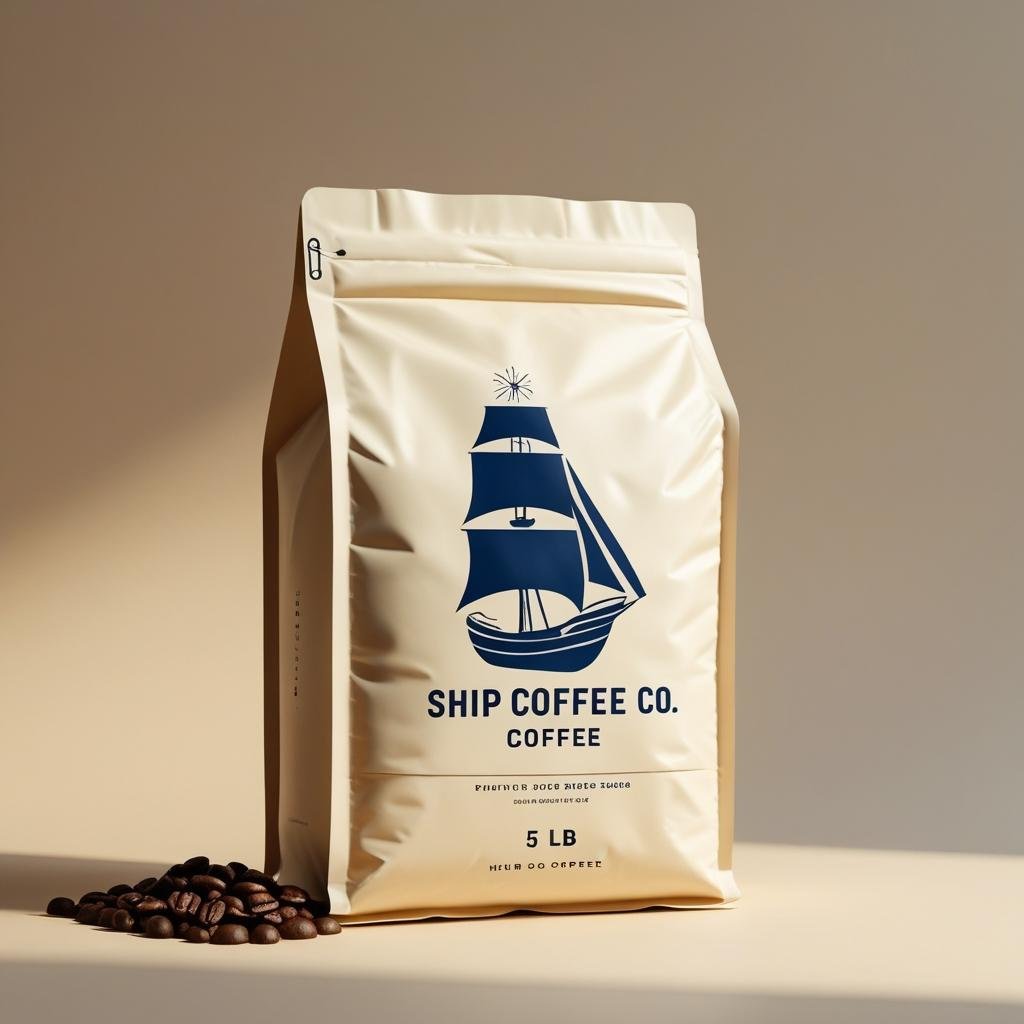 Coffee bag from Ship Coffee Co. with a ship logo on a beige background