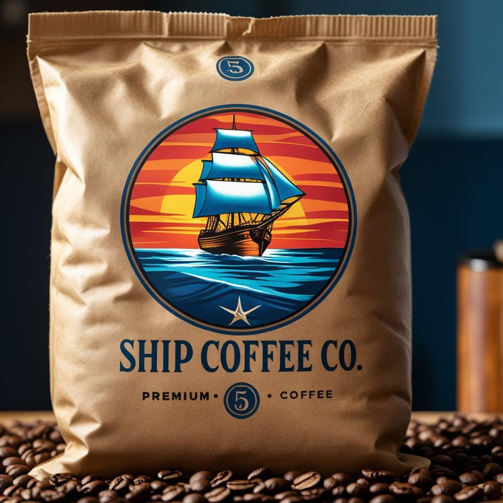 Ship Coffee Co. coffee bag with a ship design on a dark background