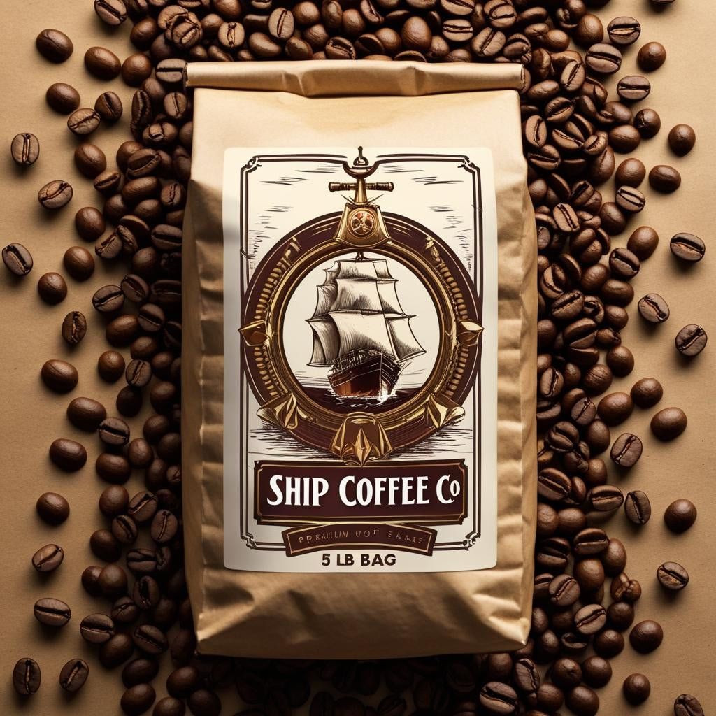 Ship Coffee Co. package surrounded by coffee beans on a brown background