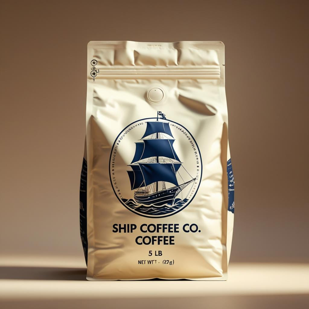 Coffee bag from Ship Coffee Co. with a ship design on a beige background