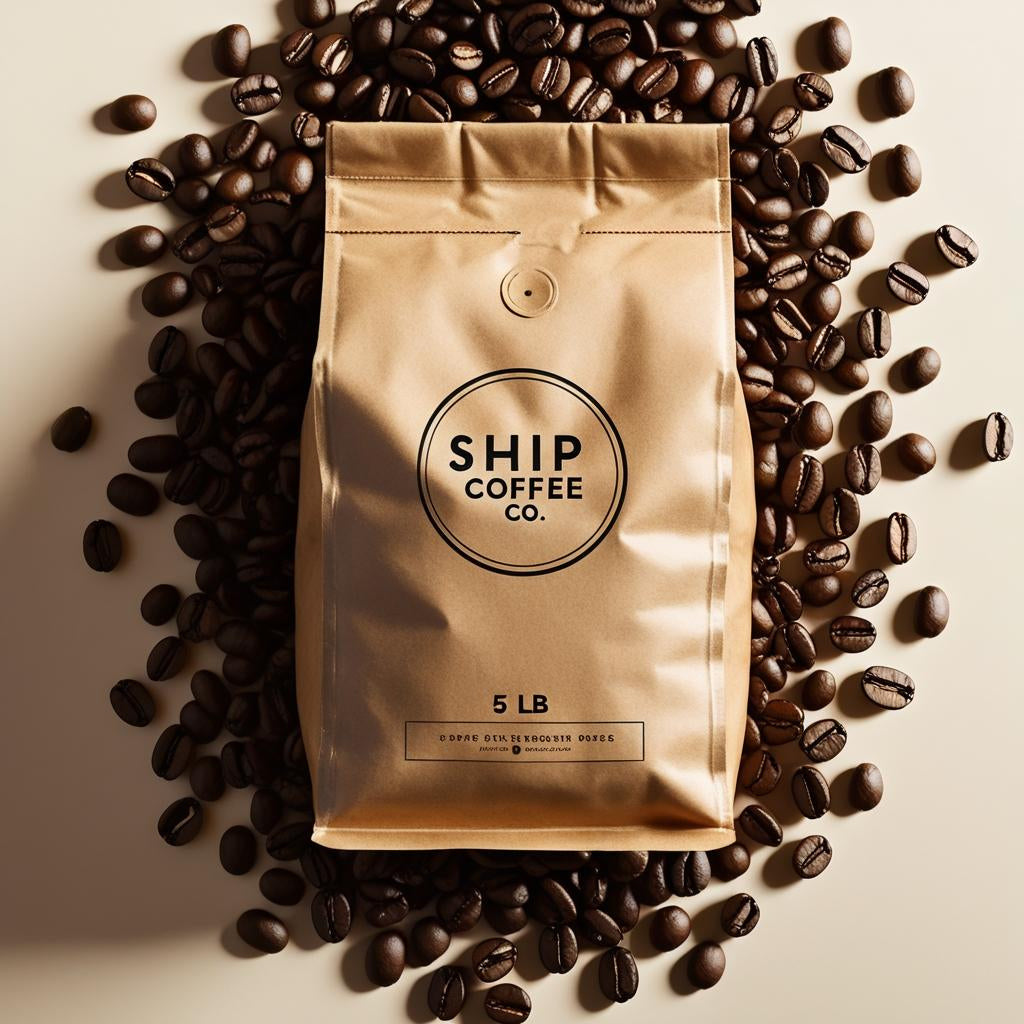 Ship Coffee Co. coffee bag surrounded by coffee beans on a beige background